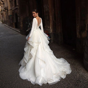 Runhufu White V-Neck Ball Gown Long Sleeves Satin Wedding Dress For Women 2023 Vintage Illusion Back With Button Custom Made